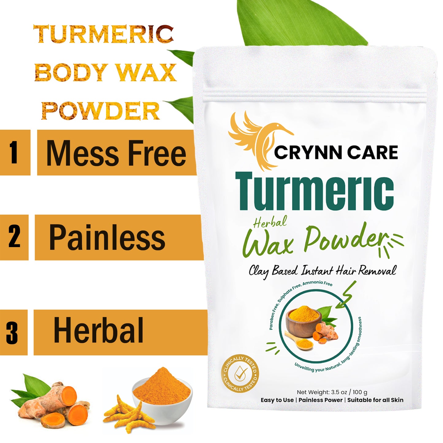 Crynn Herbal Turmeric Wax Powder – 100g | Natural Hair Removal for Face & Body, Skin Brightening & Tan Removal 100g